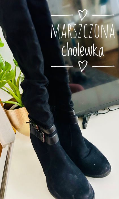 Wysokie marszczone zimowe zamszowe czarne kozaki na słupku 37