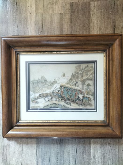 Vintage obraz 3D Anton Pieck Wóz na oblodzonym moście