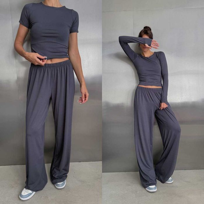 Жіночий костюм 3в1 трійка топ + лонгслів + штани палаццо нат. віскоза