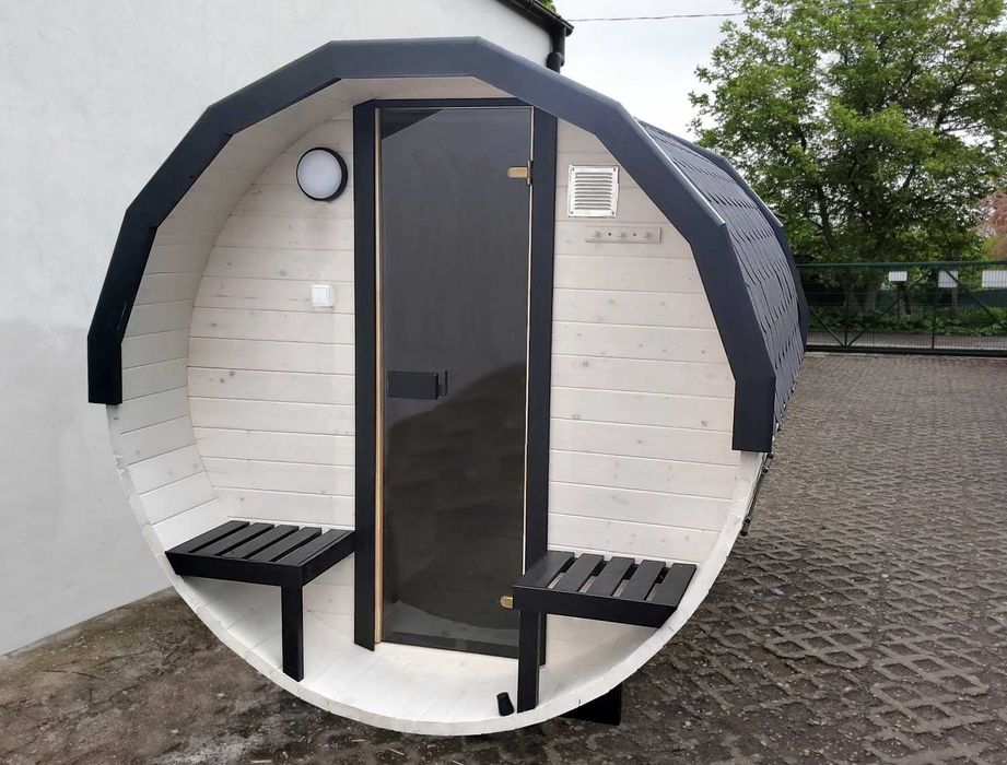 Sauna ogrodowa Beczka 250cm, Ławy + Oparcia Abachi, Szybka Realizacja