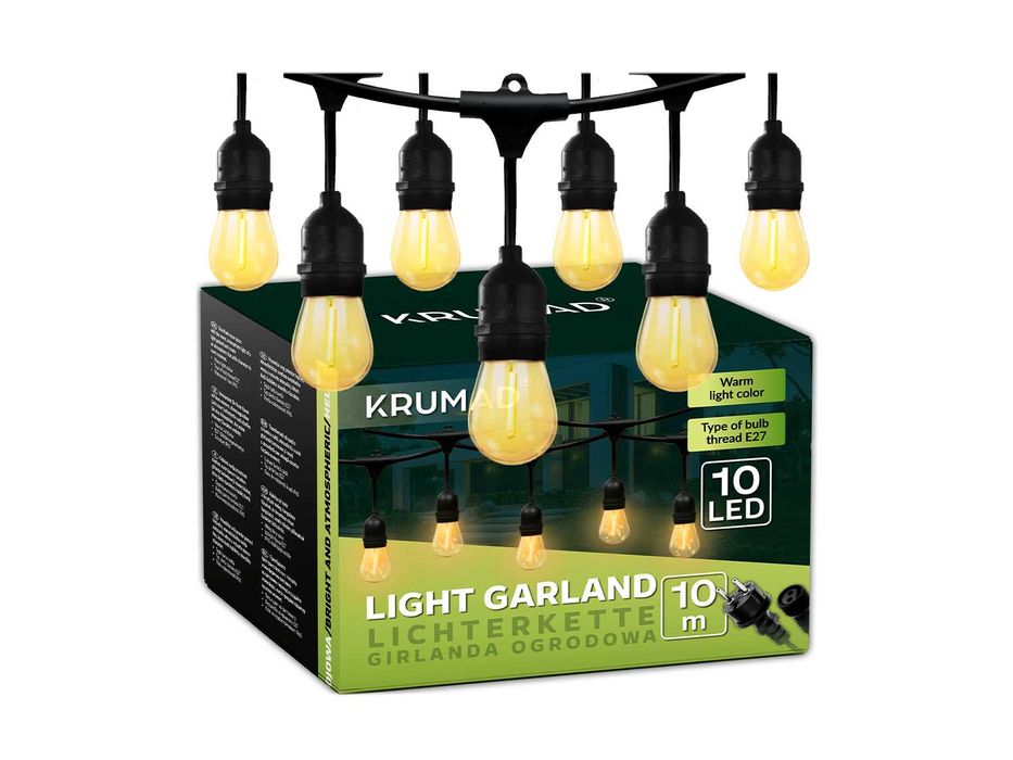 girlanda ogrodowa led świetlna lampki ogrodowe 10m x e27 żarówka 1w
