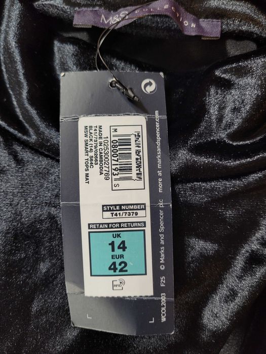 Nowa czarna welurowa bluzka damska półgolf 42,XL Marks&Spencer M&S