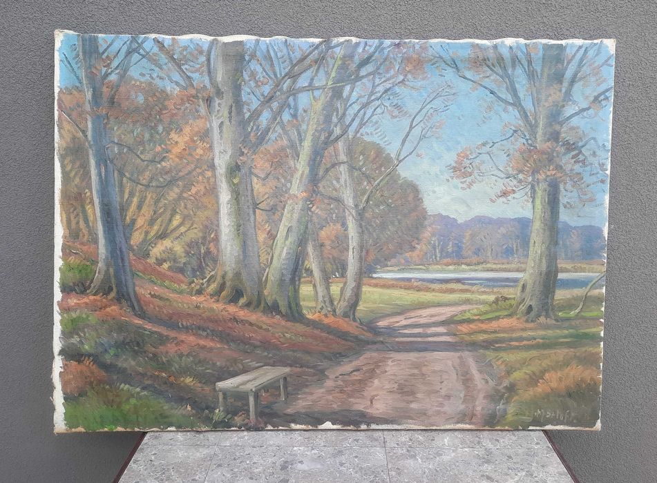 64 Pejzaż ławka w parku duży obraz sygnowany