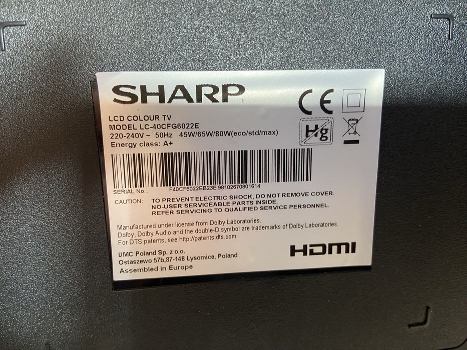 Телевізор 40,55ʼʼ Sharp LC-40CFG6022E SmartTV/wifi/радіопульт