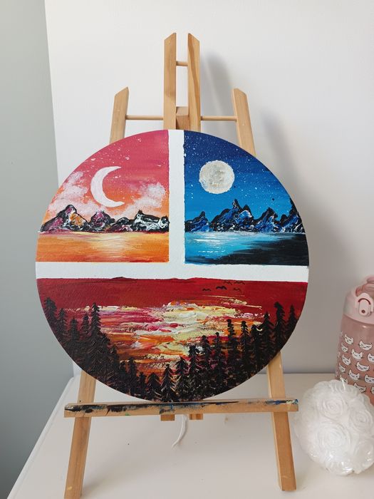 Obraz jezioro zachód słońca hadmade akwarele