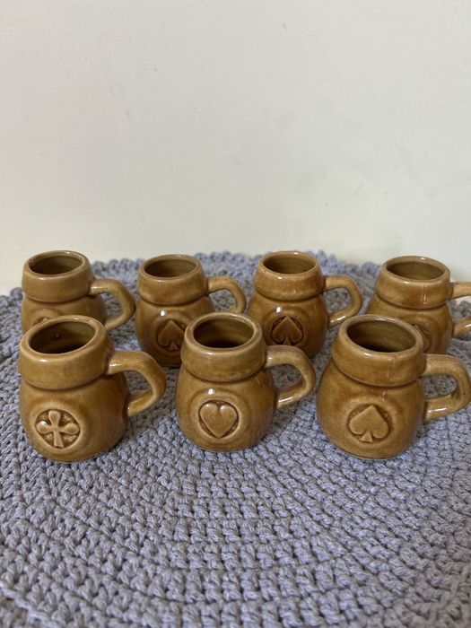 Zestaw mini kufelków PRL ceramika vintage | Kieliszki kamionka retro