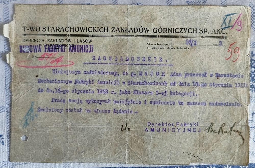 Stary dokument Starachowice 1923 rok fabryka amunicji zakłady górnicze