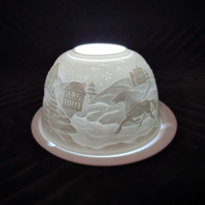 Porcelanowy lampion, świecznik tea light, zima, święta, kulig