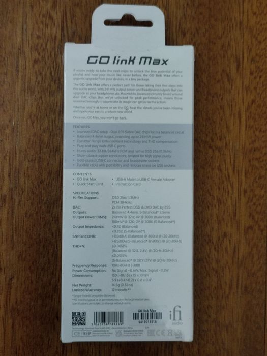 Micro Dac C/ Amp De Auscultadores Ifi Go Link Max  - Novo e Selado - Baixa de Preço