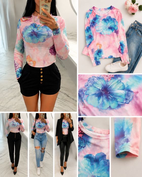 WYPRZEDAŻ!!Pastelowa bluzka w kwiaty print elastyczna rozmiar UNI