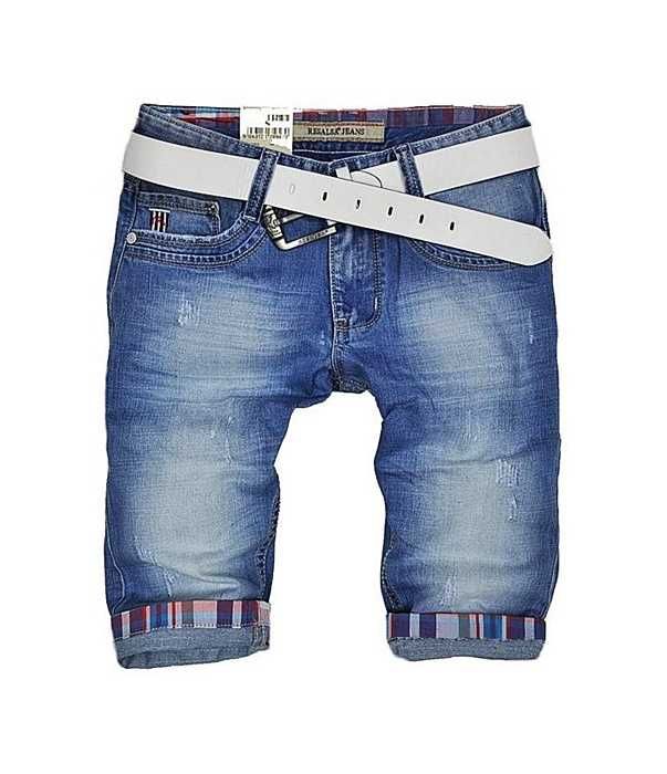 Męskie Krótkie Spodnie Szorty Dżinsowe Jeansowe Mankiety Roll On Krata