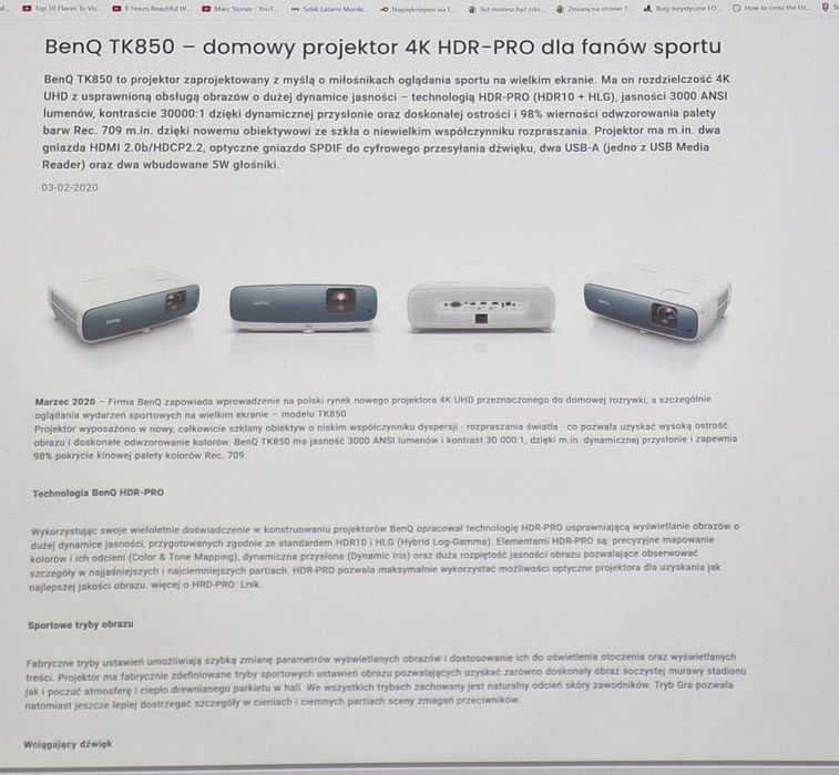 BenQ TK850 projektor, rzutnik,  4 k HDR zestaw z ekran elektr. 110"