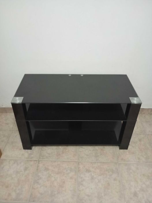 (COMO NOVO) Mesa de TV em Vidro Temperado Preto c/ Prateleiras