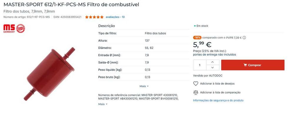Filtro de combustível Novo para Opel Vivaro
