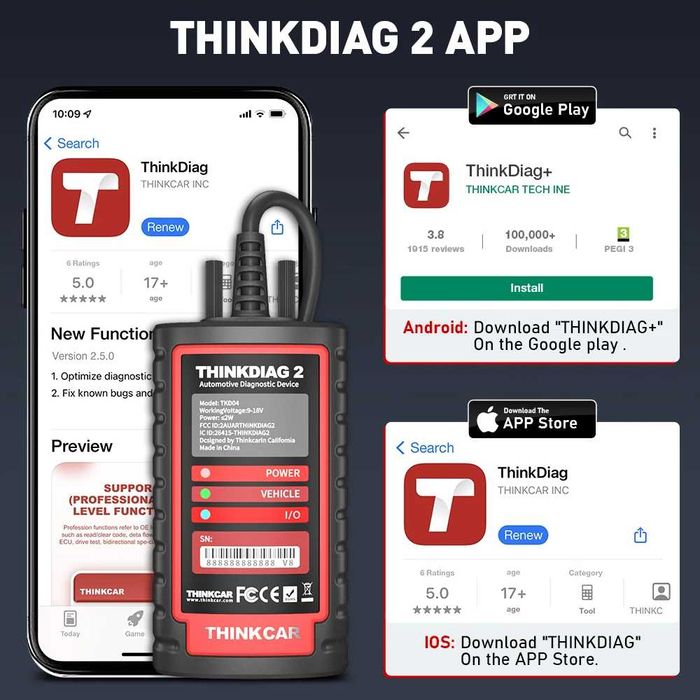 Máq. Diagnóstico Auto  ThinkDiag 2 Funciona com App no Smartfone