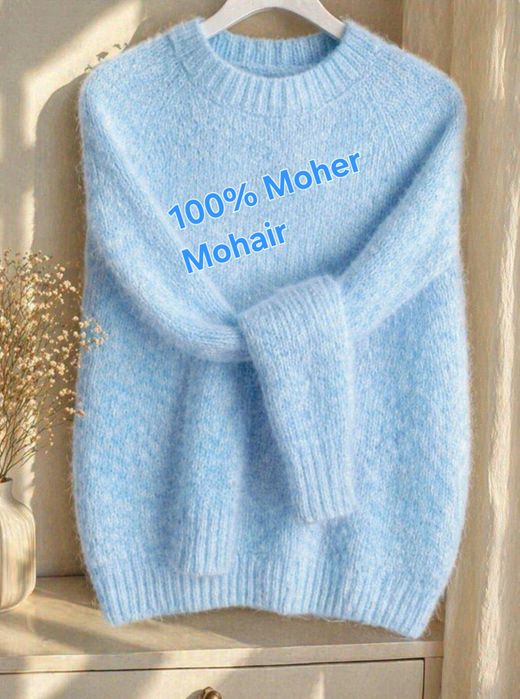 Sweter 100% moher mohair błękit z bielą
