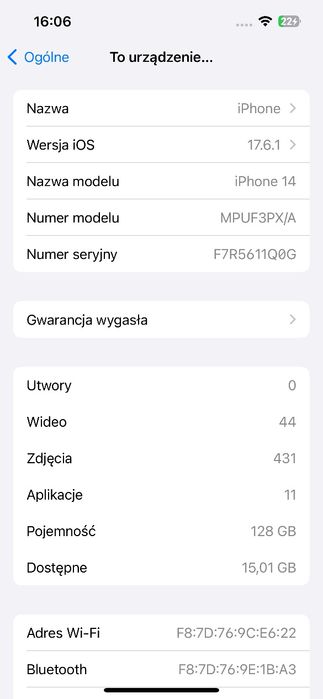 iPhone 14 128 GB czarny – sprawny, bez blokad 87%