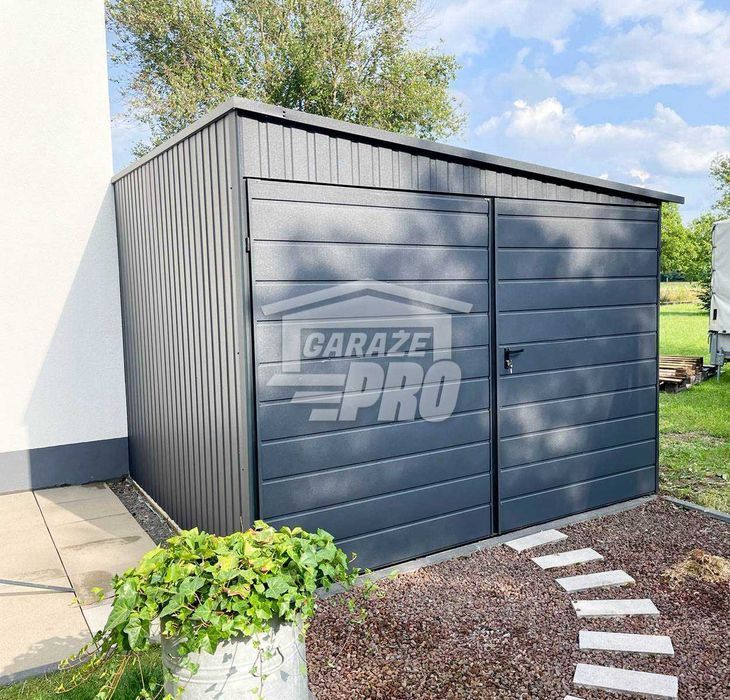 Garaż blaszany 3x9 2x Brama uchylna + antracyt  spad w bok GP191