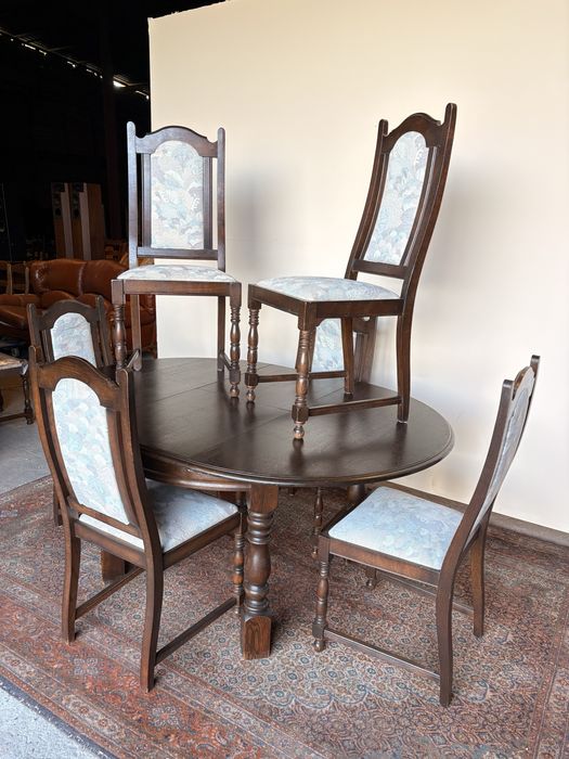 Stół okrągły drewniany rozkładany 117-165 cm + 6 krzeseł