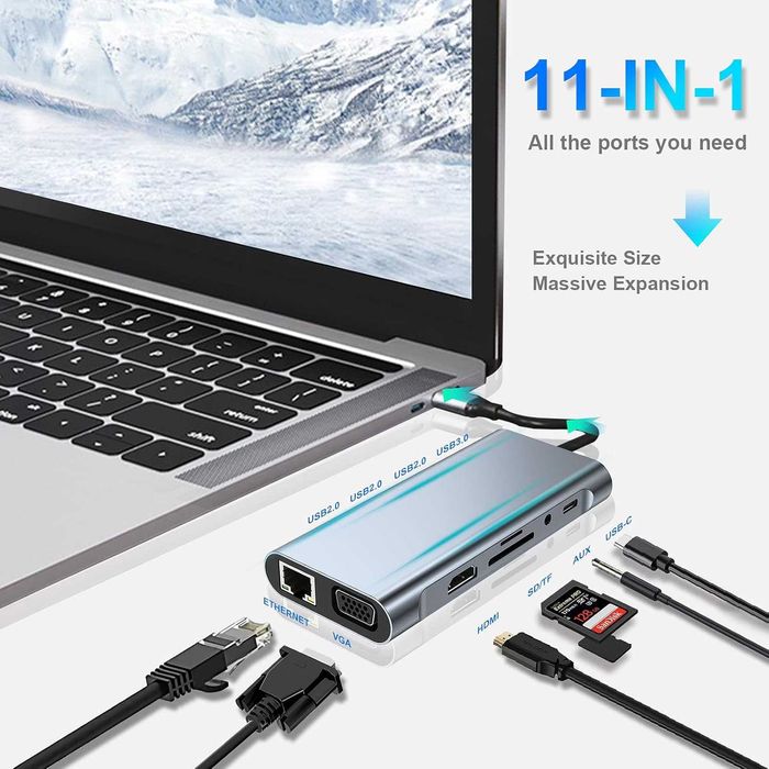 HUB adapter rozdzielacz 11 w 1 USB C LAN hdmi VGA 4K Aux usb sd 719
