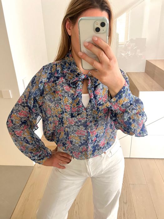 Koszula Zara S / 36 błękitna kwiatki kokarda falbanki wiosna boho