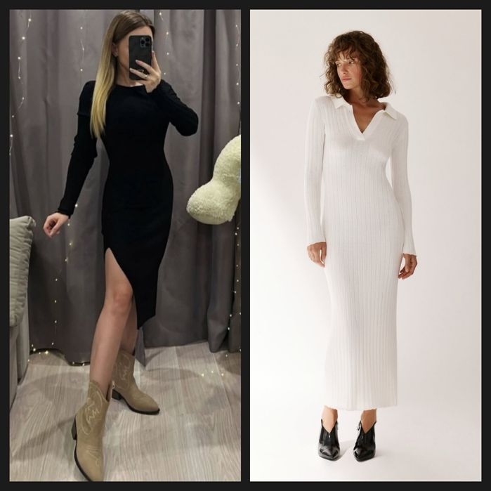 Платье в рубчик с разрезом чёрного и молочного цвета