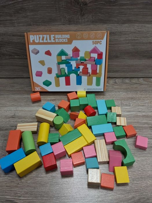 Drewniane klocki edukacyjne ,różne kształty ,kolory ,50 sztuk