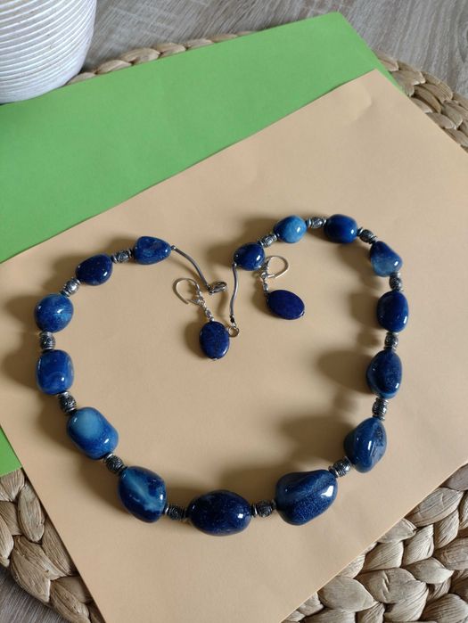 Komplet granat korale agat + kolczyki lapis lazuli