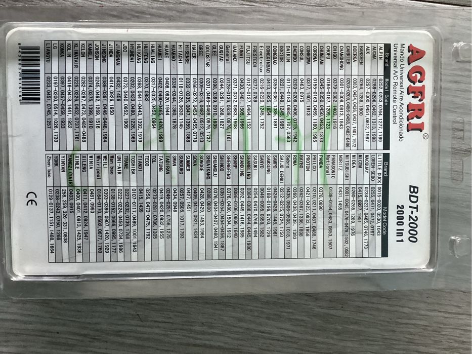 Comando Universal para Ar Condicionado AGFRI BDT-2000 (Novo)