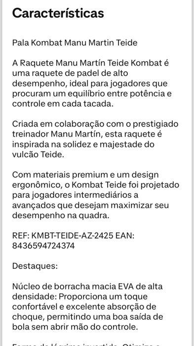 Raquete padel KOMBAT TEIDE com garantia