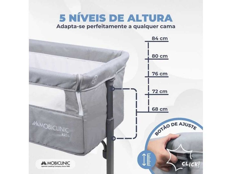 Berço co-sleeping MOBICLINIC Co-leito Altura ajustável Abertura lateral Rodas Bolsa de transporte Fixação à cama Cinzento Moon