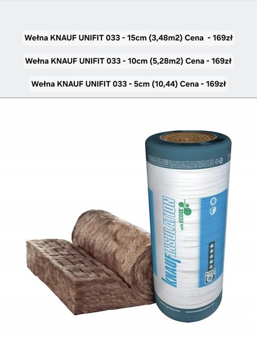 Wełna KNAUF UNIFIT 033 - 15cm, 10cm, 5cm