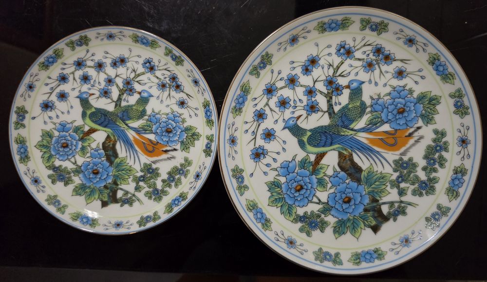Par de Pratos Decorativos em Porcelana Oriental - Motivo Floral e Aves