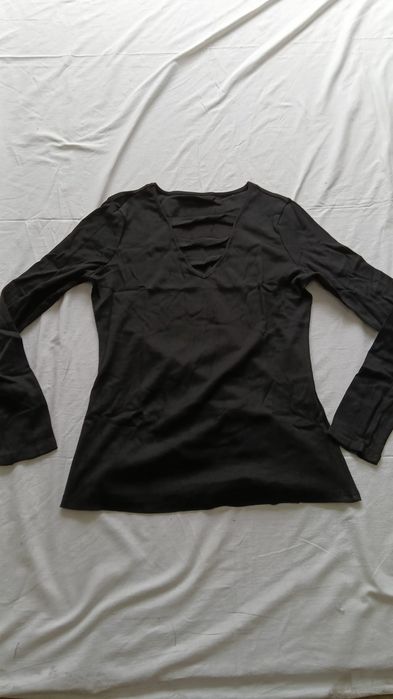 Nowa czarna bluzka bawełna dekolt paski longsleeve L