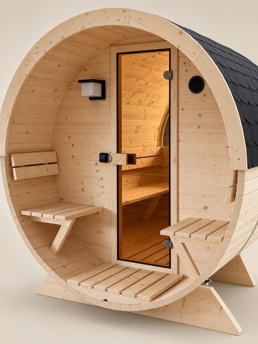 Sauna ogrodowa beczka 3m PÓŁPANORAMA swierk skandynawski
