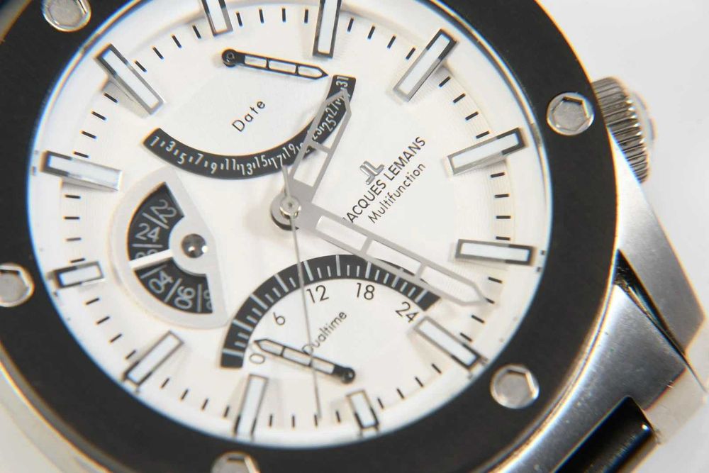 Jacques Lemans 1-1634 biała tarcza Duotime Date zegarek męski Multifunction