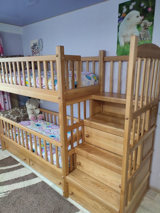 Двоповерхове  ліжко+дробина -комод з натурального дерева (Ясінь)+2м.