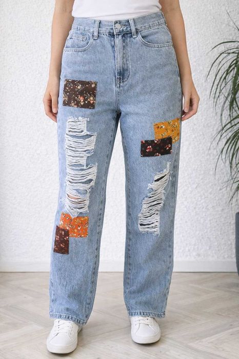 Hit  Spodnie Cider jeansy patchworkowe z przetarciami XS