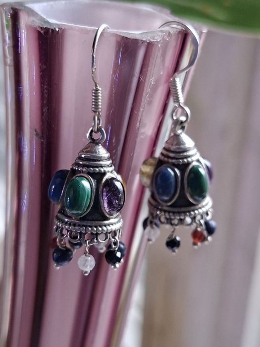 Srebrne kolczyki ametyst malachit labradoryt srebro rękodzieło
