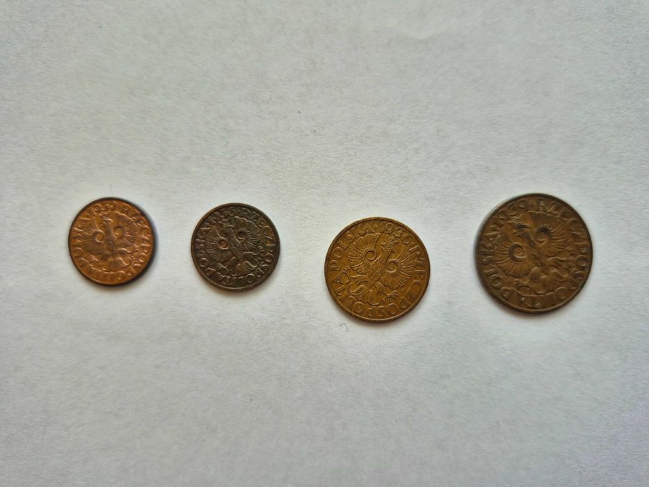 Zestaw, set 1, 2, 5 gr. II RP 1936 do 1939, 4 szt. stan II