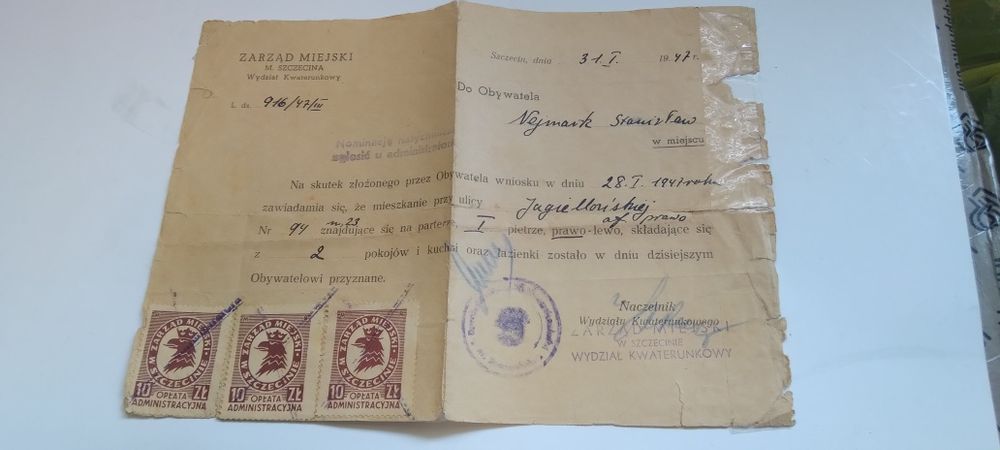 Unikat! Dokument Przydział mieszkania Szczecin 1947- ul. Jagiellońska