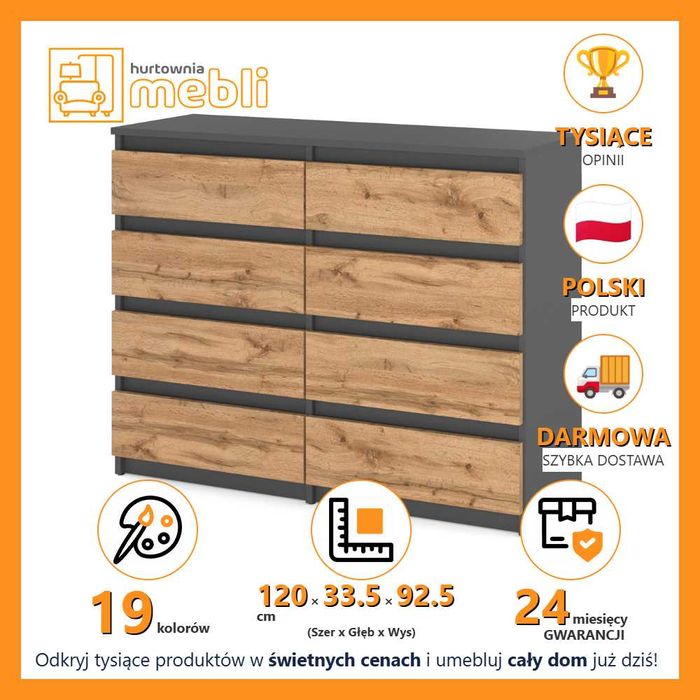 Nowoczesna Komoda Do Sypialni 8 Szuflad Szafka 120cm Młodzieżowa Duża