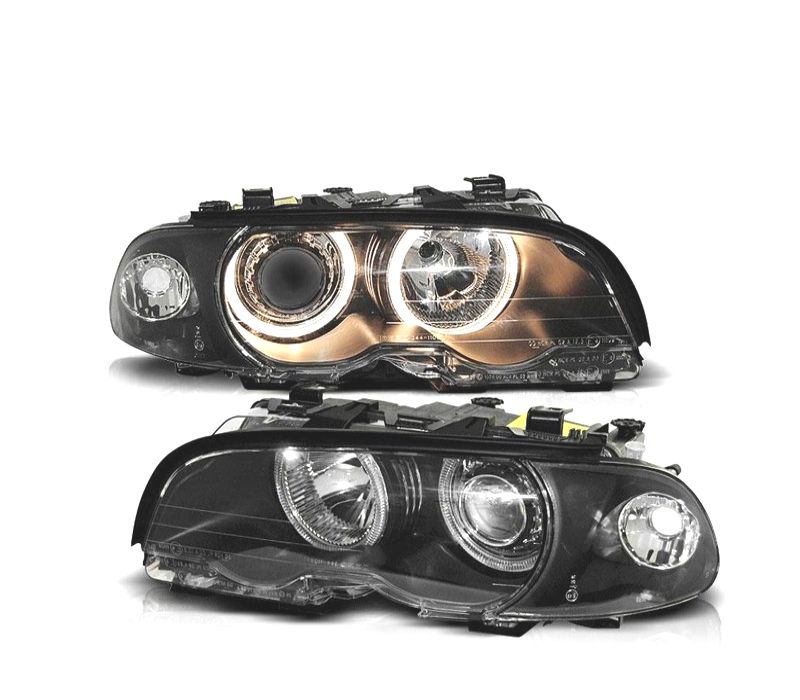 FARÓIS BMW E46 COUPE CABRIO 99-03 ANGEL EYES FUNDO PRETO