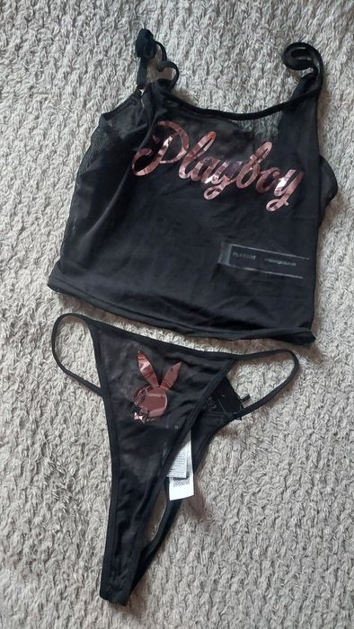 komplet bielizny siateczkowy czarny playboy missguided pidżamka