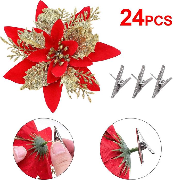 Gwiazda Betlejemska Poinsecja CZERWIEŃ Brokat- uchwyty - 14cm - 24 SZT
