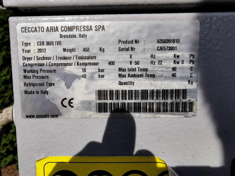 22kw +FALOWNIK 3500L/min Sprężarka śrubowa CECCATO CSB 30/8 IVR kompresor śrubowy 10BAR