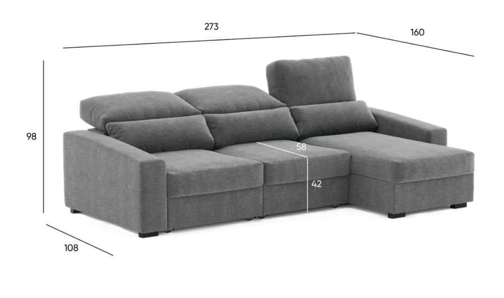 Sofá cama com chaise longue reversível e encosto reclinável