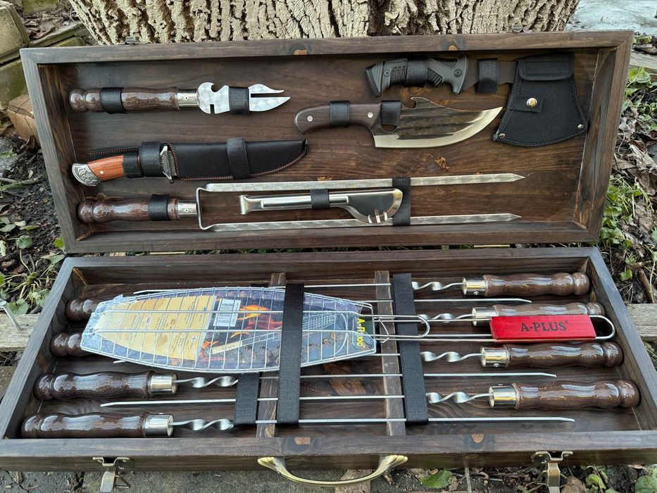 Набор шампуров в деревянном кейсе + посуда | Для шашлыка подарок отцу