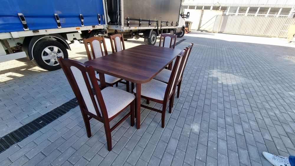 Nowe: Stół 80x140/180 + 6 krzeseł, orzech + kawa z mlekiem, dostawa PL
