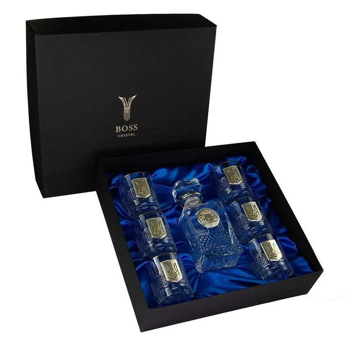 Кришталеві келихи для віскі з графином 850 мл, 6 келихів, Boss Crystal